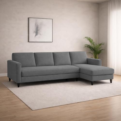 Image of Carlos RHS 4 Seater L Shape Sofa Set for Living Room & Home Office Furniture, Modern Durable Sectional Corner Sofa Couch, Premium Fabric Comfortable Seating with Strong Frame (Dark Grey)