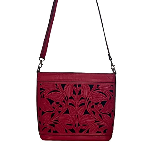 Medium Size Leather Purse | Mexican Cutout Tooled Leather Handbag | Women Red Should Bag