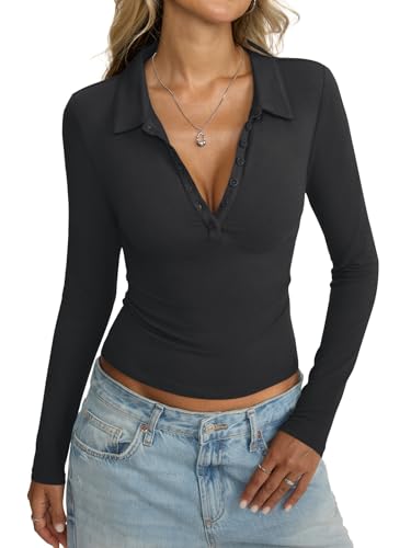Womens Cotton Polo Collared Shirt Long Sleeve Sexy Deep V Neck Top Button Up Slim Fitted Tee Business Casual Outfit