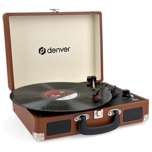 Tourne-Disque Vinyle Vintage Marron - DENVER VPL-120 - Platine avec Enceinte intégrée - 3 Vitesses 33/45/78 Tours - Enregistrement USB vers PC - Lecteur...