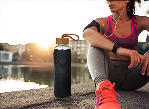 FCSDETAIL Botella de Agua de Cristal sin BPA, Botella de Agua de Vidrio de Borosilicato con Funda de Silicona y Tapa a Prueba de Fugas 420ml / 660ml / 1000ml