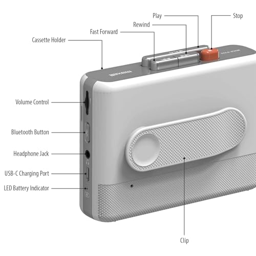 Image of Maxell Wireless Bluetooth Cassette Player, USB-C Fast Charge | Play cassette tapes over Bluetooth - 11 hours playtime, optional headphone jack, fast USB-C charging