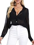 ANTLOOWW Damen Bluse Elegant Button Down Hemdbluse Frauen Sexy Transparentes Langarm Bluse Größen S XXL (DE/NL/SE/PL, Alphanumerisch, XXL, Regular, Regular, Schwarz)