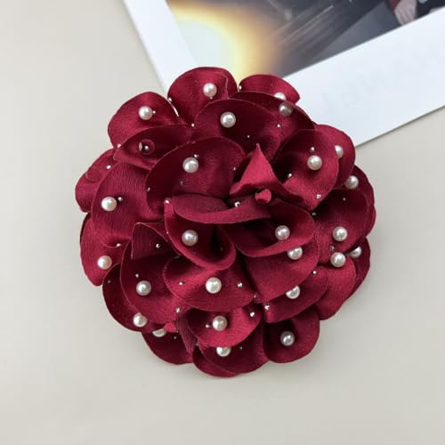 Image of Elegant Large Rose Flower Brooches Lapel Pins Handmade Dainty Satin Fabric Pearl Brooches Big Camellia Flower Brooch Pin for Women Wedding Part Dance Dress Suit Clothes Accessories Prom Jewelry