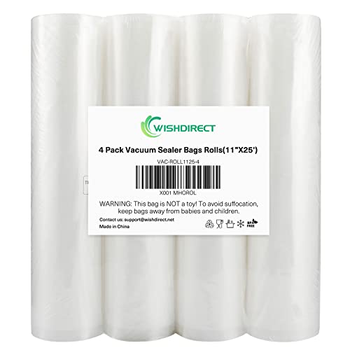 WishDirect Vacuum Sealer Bags Rolls Compatible with FoodSaver 4-Pack 11" x 25' Vacuum Seal Rolls Fit Inside Machine Double-Side Embossed BPA-Free Bags for Sous Vide or Food Storage (Total 100 Feet) by WishDirect - Used condition - US$16.61