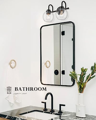 Image of 2-Light Bathroom Vanity Light Over Mirror, Matte Black Vanity Light with Clear Glass Shade, Bathroom Light Fixtures Wall Mount for Powder Room Bath, AD-22280-2W-BK