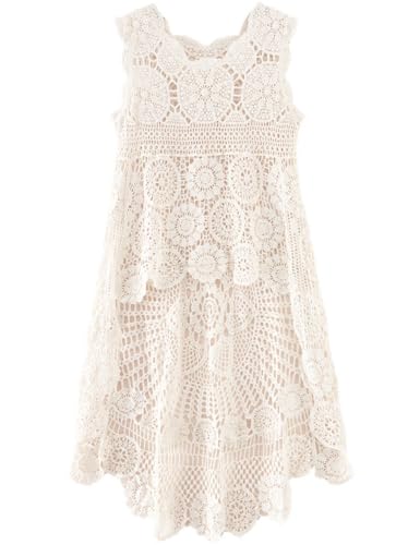PUWEI Womens Hollow Out Hi-Low Tank Top Floral Crochet Swimsuit Bikini Cover Up 0368-Apricot-One Size