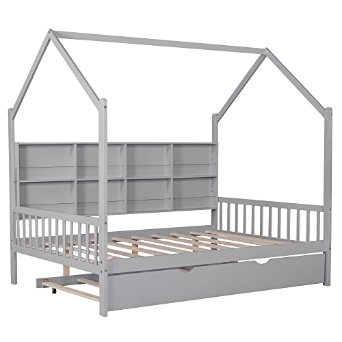 Merax Wood Full Multifunctional Montessori Daybed With Trundle/Storge Shelf Low Day Bed For Kids Boys Girls No Box Spring Needed Gray #TOP3