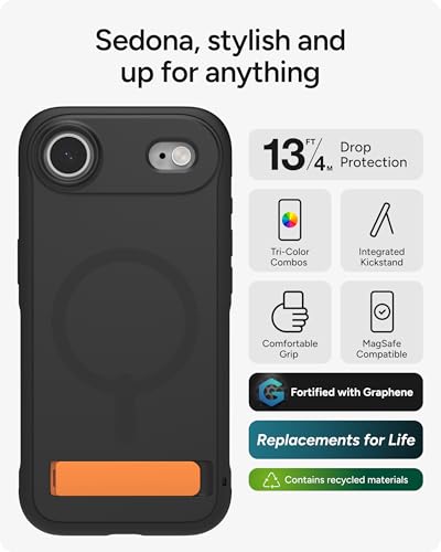 Image of ZAGG Sedona Snap Case with Kickstand for iPhone Air - Flood Black, Drop Protection (13ft /4m), Multi-Layer Protection, with Camera Button, MagSafe Phone Case with Impact-Absorbing Bumpers