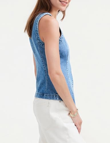 Women's Denim Vest Sleeveless Button Down Casual Jean Crewneck Waistcoat Denim Top2