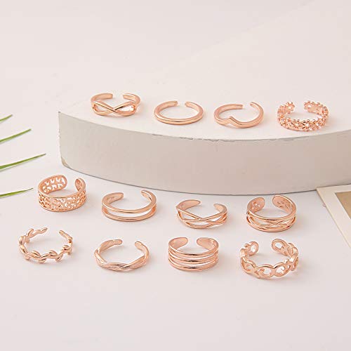 Funeia 12Pcs Toe Rings For Women Adjustable Silver Toe Rings For Women 14K Gold Plated Open Rose Gold Toe Ring Set Beach Hawaiian Foot Jewelry #TOP4