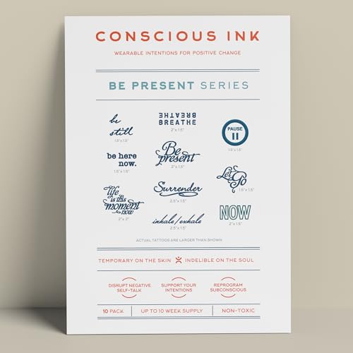Conscious Ink, Temporary Tattoos, Inspirational, Mindfulness Tools, Long Lasting, Non-Toxic, Waterproof, Cruelty Free, Made in USA, 1 Be Present Variety Pack Of 8 Manifestation Tattoos