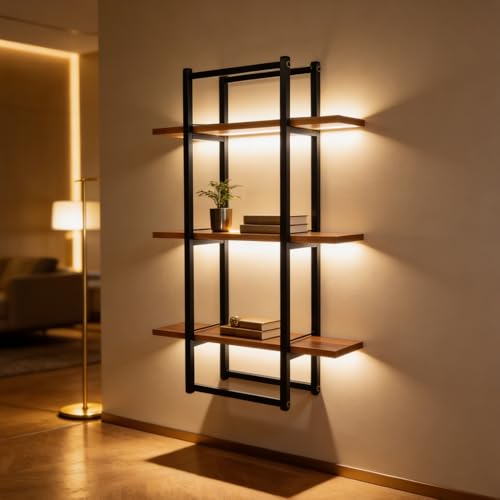 Image of Mighty Home Floating Wall Shelf with Black Metal Frame, Wooden Wall-Mounted Shelves for Books, Plants & Decor, DIY Organizer for Home & Office, Brown, 3-Tier