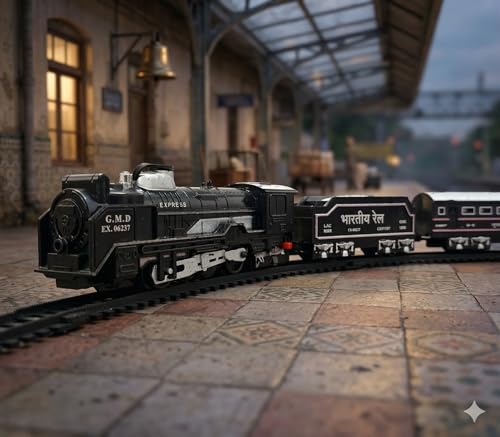 Image of VU Toys Small Rail Gadi Train Set for Kids (3+ Years) | Rechargeable Engine with Coal & Passenger Coach | Water Smoke, Hindi Music, Lights & Sound | C-Type Charging | 10 Round Tracks (Black)