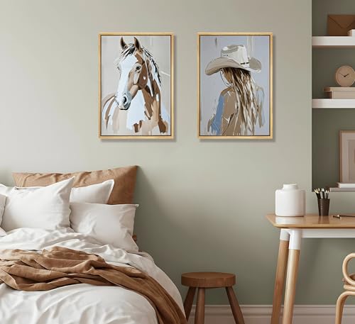 Image of FJKLRP 2pcs Western Cowboy Girl Wall Art with Hat Cowboy Girl and Horse Canvas Print Poster Western Oil Painting Style Decoration for Living Room Bedroom Home Wall Decor Unframed
