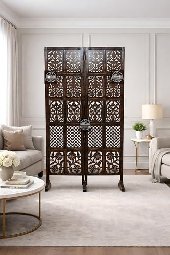 Image of Wooden Room Divider Screen, Carved,Decorative Handcrafted Privacy Screen Separator Wall Divider | Folding Partition with Floral & Jaali Design (Brown, 2 Panel)