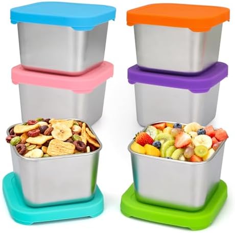 Stainless Steel Snack Containers, 6 oz Small Food Storage Containers with Silicone Lids - Leak Proof & Easy Open, 6 Pack Stackable Metal Lunch Containers for Travel, Kitchen