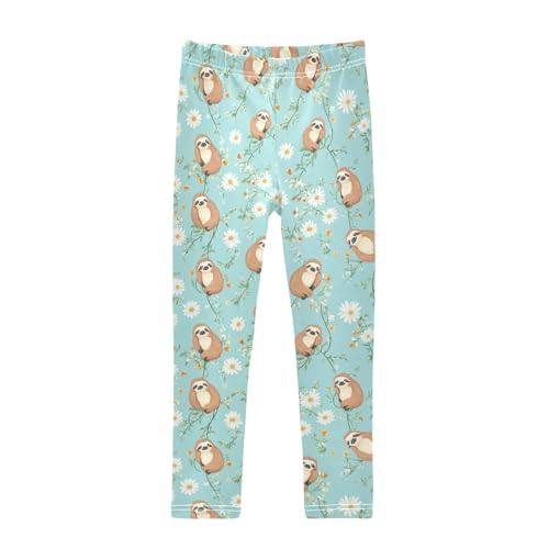 Vdsrup Girls Leggings Sloth Flowers Cyan Kids Length Leggings Pants Athletic Yoga Pants Toddler Tights Trousers 4T
