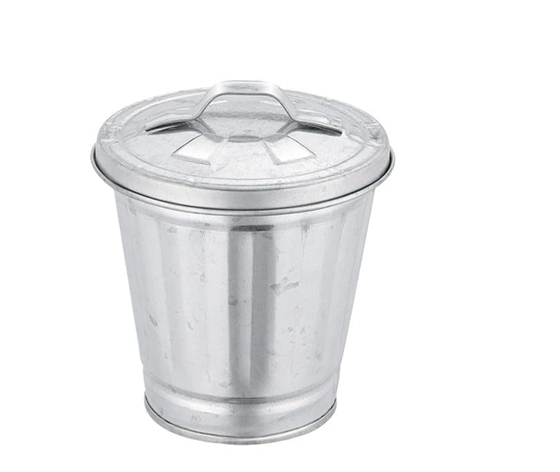 Mini cubo de basura de metal galvanizado plateado con tapa, papelera de mesa, soporte para bolígrafos, para lápices de escritorio para oficina, escuela, dormitorio y tocador, accesorios de escritorio