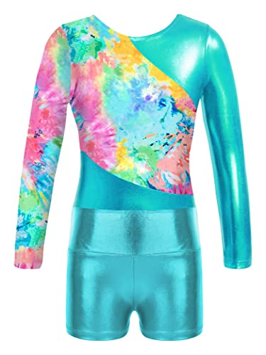 Kids Girls Long Sleeve Gymnastics Leotards with Shorts Biketard 2 Pieces Ballet Dance Outfits Tracksuit Aquamarine 6 Years3