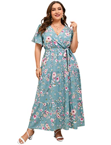 Image of ShopWonder Womens Plus Size V Neck Wrap Maxi Dress High Waist Ruffle Summer Casual Dress with Belt