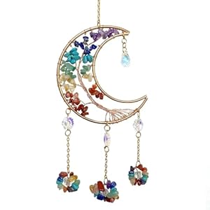Colorful Crystal Moon Suncatcher for Window – 7 Chakra Hanging Tree of Life Natural Healing Stones Wind Chimes Dream Catcher Rainbow Maker Good Luck Decor for Car Home Garden