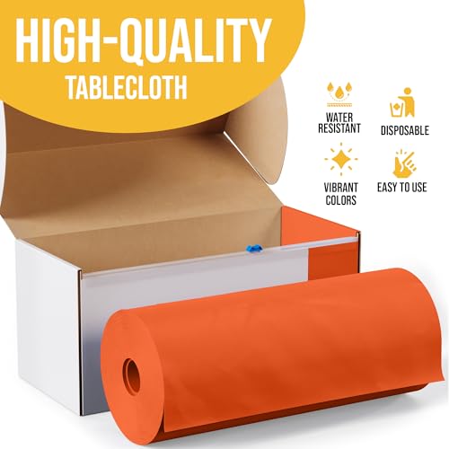 Image of Exquisite Party Solids 54 Inch X 300 Feet Orange Plastic Table Cover Roll in A Cut - to - Size Box with Convenient Slide Cutter. Cuts Up to 36 Rectangle 8 Feet Plastic Disposable Tablecloths