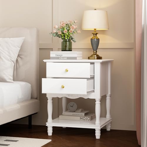 WOODTIME White Accent Nightstand with 2 Drawers, Bottom Shelf & Carve Pattern, Modern Wooden Night Stand Bedside Table, Versatile End Sofa Bed Side Table for Bedroom Living Room - Image 3