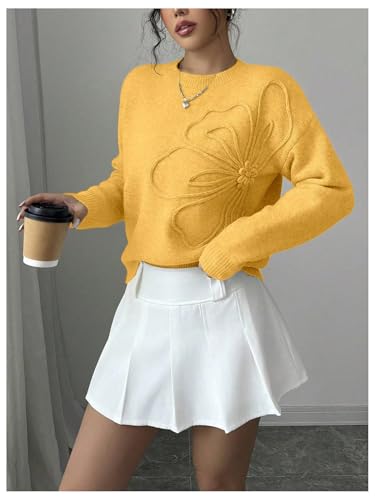 Image of RoseSeek Women's 3D Floral Appliques Crewneck Sweaters Long Sleeve Drop Shoulder Pullovers Elegant Knit Tops