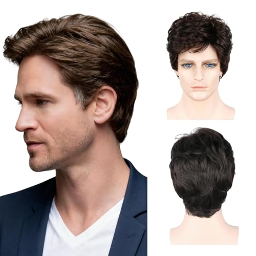  Mens Wigs Short Hair, Brown Wig for Men, Toupee Wig Mens, Aesthetic and Comfortable Wavy Men Wigs Suitable for Daily Parties and Role Playing (Head Circumference: 58cm)