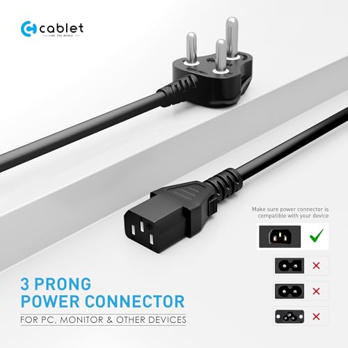 Image of Cablet Power D15 Desktop Power Cable, 3 Pin Type-D Male to C13 Female Connector Cable with 1.5 Meter Length and 7mm OD, 700 Watts Maximum Loading Capacity