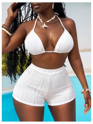 Women's 2 Piece Textured High Waisted Bikini Sets Halter Triangle Bathing Suit with Boyshorts4