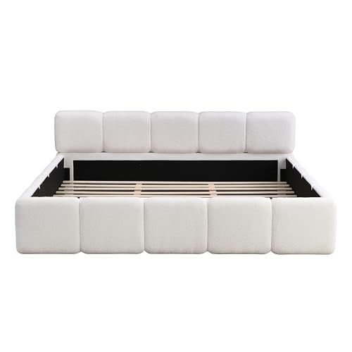Merax California King Size Boucle Platform Bed with Thick Headboard and Footboard, Block Style Upholstery Floor Bed Frame, White by Merax - Image 6