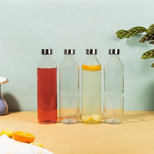Image of Glassbunny Glass Water Bottle with Leak-Proof Airtight Stainless Steel Lid for Water, Smoothie, Juices Reusable Travel Drinking Fridge Bottles 800 ML Pack of 4