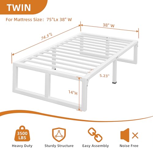 Image of 14 Inch Metal Twin Bed Frames with Stable Steel Support, Noise-Free | Easy Assembly, Underbed Storage, U-Shaped Groove, 6 Mattress Baffles, No Box Spring Needed, Rubber Pads, Squeak Free, White