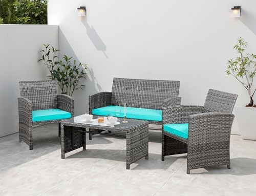 4 Piece Patio Ratten Set Outdoor Furniture Set Wicker Conversatio...