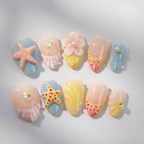 Press On Nails-ARTIXY 10 Pcs Handmade beach Nails short Almond Acrylic press ons summer vacation 3D Fake Nails Reusable Stick Ons for Women (S)