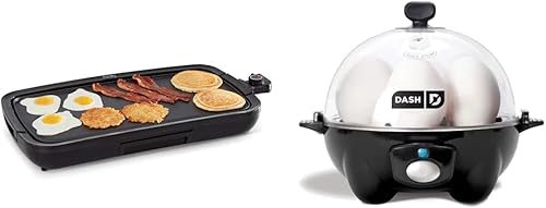 DASH Plancha eléctrica Deluxe Everyday de 20 x 10.5 pulgadas, 1500 vatios, color negro y olla rápida para huevos olla eléctrica para huevos con