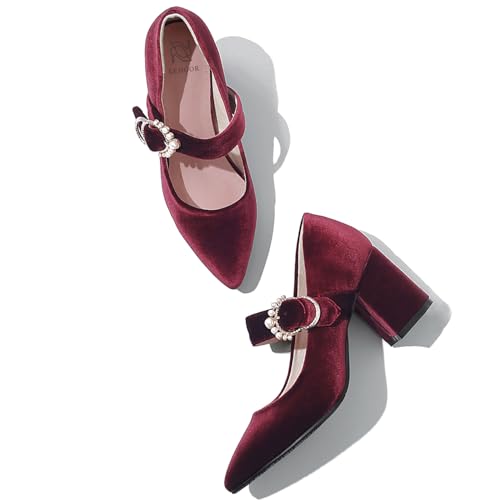 LEHOOR Women Chunky Heel Closed Pointed Toe Mary Jane Pumps Metal Buckle with Pearl Ankle Strap Mary Jane Heels Velvet Comfort Vintage Dress Shoes Block Heel Retro Bridal Party 4-11 M US