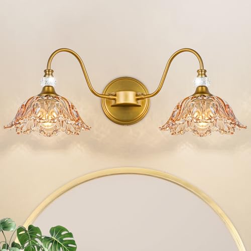 Image of Vintage Bathroom Vanity Light, 2-Light Matte Brass Finish Vanity Light with Floral Amber Glass Shades, Retro Wall Sconce for Bathroom, Dressing Table