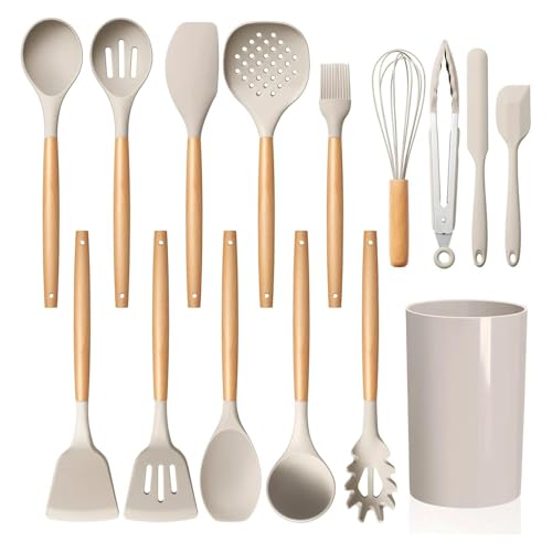 LIANYU 15-Piece Kitchen Cooking Utensils Set with Holder, Silicone Cooking Utensils Include Spatula Tong Slotted Spoon Turner Whisk Brush, Wooden Handle Kitchen Tools for Nonstick Cookware, Khaki