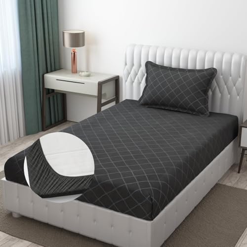 Image of Blue Strip 220TC Glace Cotton Elastic Fitted Bedsheets Single Bed with 1 Pillow Cover | Single Bed with All Around Elastic, Size 42 inch x 75 inch Inches
