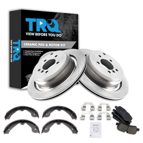 Image of TRQ Rear Brake Pad and Rotor Set Ceramic Rotors Parking Brake Shoe Compatible with 2006-2009 Land Rover Range Rover