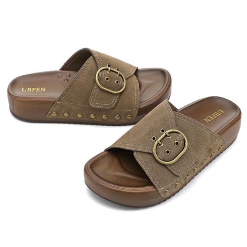 Image of UBFEN Womens Platform Slide Sandals | Real Leather,Buckle Sandals with Cushioned Flatform Footbed,Comfortable for Walking,Arch Support,Casual Styling