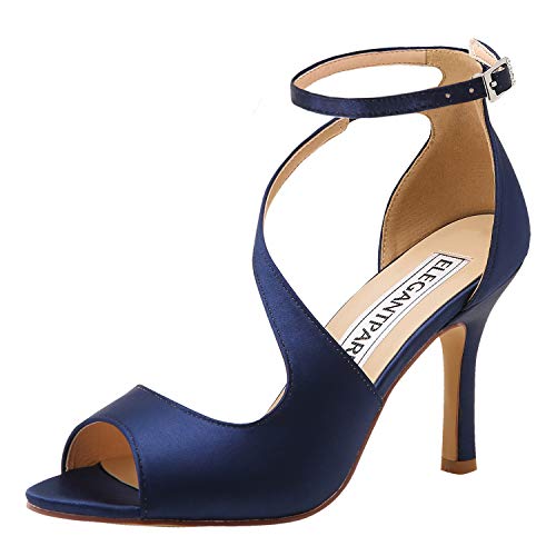 ELEGANTPARK HP1565 Wedding Sandals for Bride Peep Toe Heels for Women Sexy Ankle Strap High Heel Bridal Shoes Satin Prim Evening Party Dress Sandals Summer Navy Blue US 8