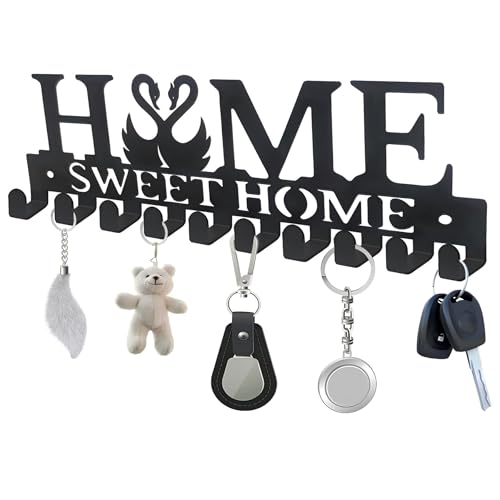 CONGGUAN Key Holder for Wall Key Hooks Wall Mounted with 10 Hooks Heavy Duty Key Hangers for Living Room Black Metal Key Racks Home Sweet Home(Swan)
