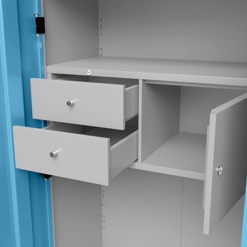 Image of Interio by Godrej Almirah Slimline 3-Door Steel Almirah, Cupboard for Clothes (Royal Ivory and Milky Blue), 1-Year Warranty, 6 Shelves, 1 Locker, 2 Drawers, Overhead Unit, Curvilinear Mirror