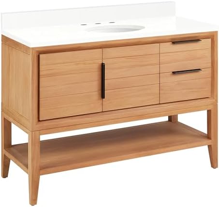 Signature Hardware 955226-48-um Aliso 48" Console Teak Single Basin Vanity Set with Cabinet, Vanity Top, and Oval Undermount Sink - 8" Faucet Holes - Natural Teak/Arctic White