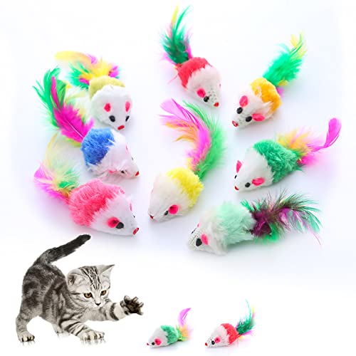 Juguete de gato esponjoso ratón sonajero suave mullido, juguete interactivo para gatos con plumas para jugar (colores aleatorios) 10 unidades Cover