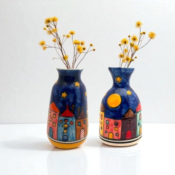 Juego de 2 jarrones de cerámica pintados a mano, jarrones decorativos con patrones artísticos, multicolor (New Village)